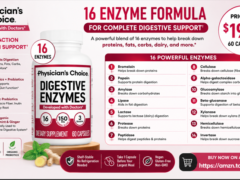 Physician's CHOICE Digestive Enzymes 60-count bottle with 16 digestive enzymes, probiotics, and organic prebiotics for digestive support.