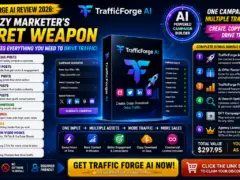 Traffic Forge AI review showing an AI-powered campaign builder for social media posts, emails, video hooks, and CTAs.