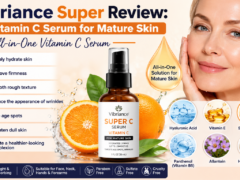 Vibriance Super C Vitamin C Serum for Mature Skin 1 fl oz bottle displayed with glowing skin benefits including hydration, wrinkle reduction, firming, and brightening.