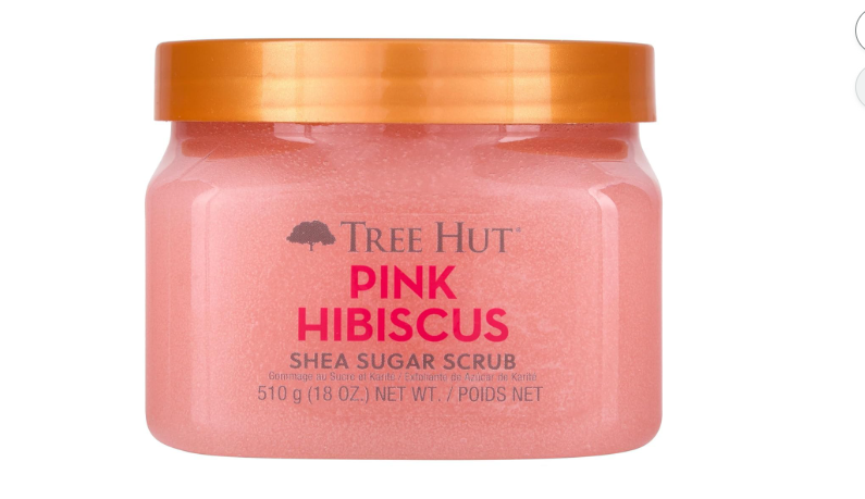 Product image of Tree Hut Pink Hibiscus Shea Sugar Scrub, an 18 oz scented body exfoliator with sugar, shea butter, hibiscus extract, and plant oils.