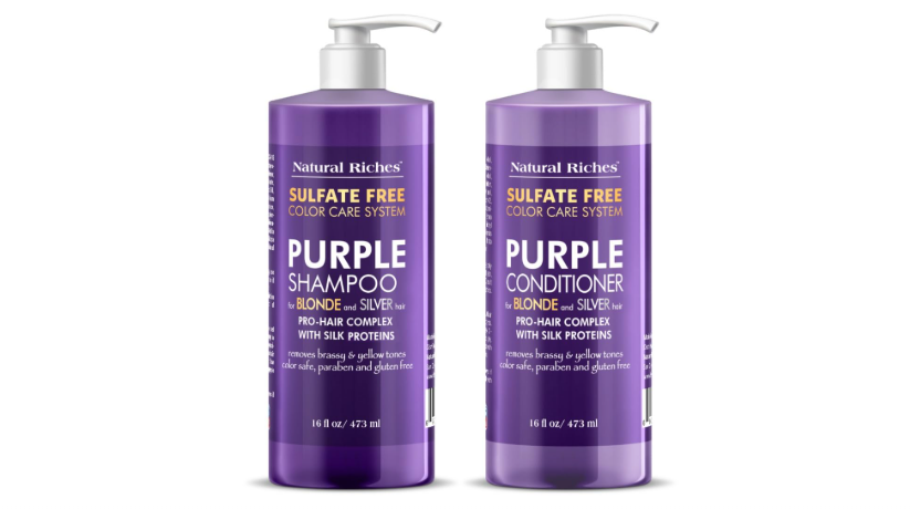 Image of two purple bottles from the Botanic Hearth Purple Shampoo and Conditioner Set. The product is designed to reduce yellow and orange tones in blonde, silver, gray, and highlighted hair while cleansing and hydrating.

