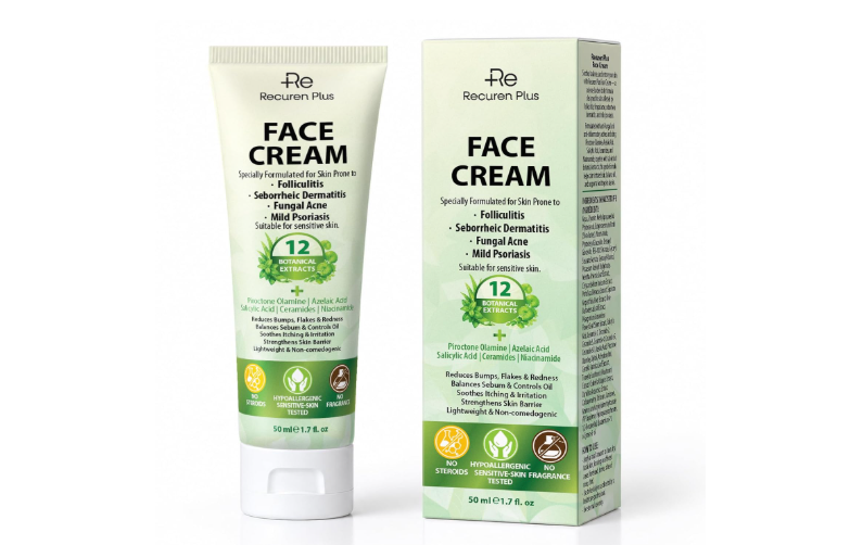 Product-focused image of Recuren Plus Face Cream, a steroid-free skincare cream marketed for seborrheic dermatitis, flaky skin, redness, and itching.


