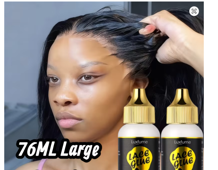 Product image of Waterproof Wig Lace Glue marketed for lace-front wigs, showing features including strong hold, moisture resistance, quick drying, traceless application, and easier removal.
