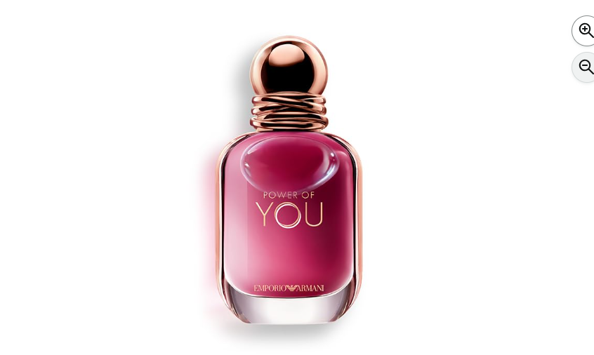 Armani Beauty Power of You Eau de Parfum is shown in an elegant ruby-colored bottle with pink-gold accents. The women's perfume features passion fruit, creamy frangipani, and warm vanilla notes.

