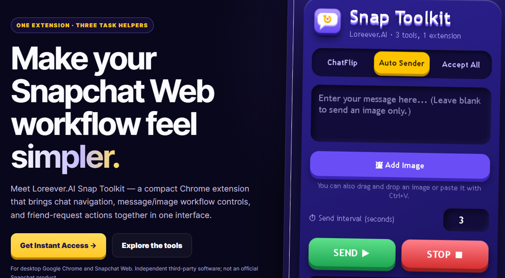 Loreever.AI Snap Toolkit Chrome Extension for Snapchat Web