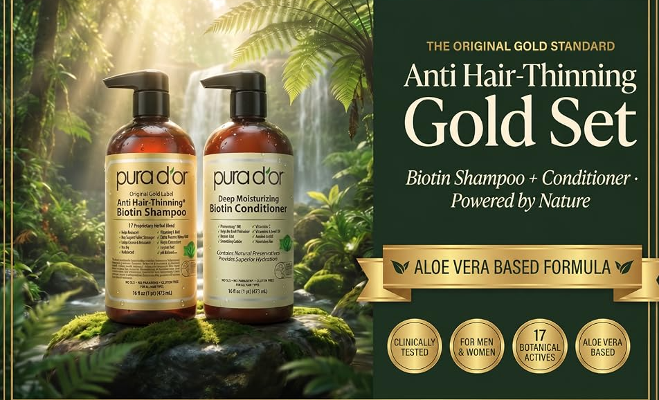 A PURA D’OR Gold Label Anti-Thinning Biotin Shampoo and Conditioner set with two 16-ounce bottles. The product is marketed as a sulfate-free hair-care system containing biotin and botanical ingredients such as aloe vera, argan oil, nettle, pumpkin seed, saw palmetto, rosemary, green tea, and red Korean seaweed. It is designed for cleansing, conditioning, moisturizing, and improving the appearance and manageability of thinning or fragile-looking hair.