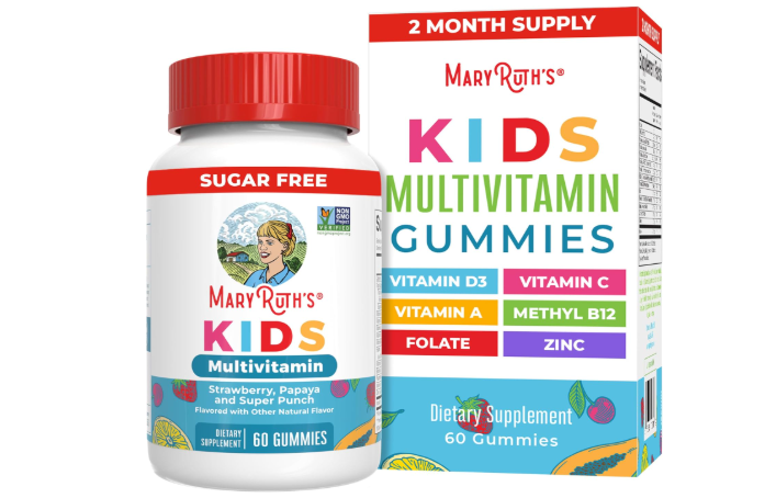 Bottle of MaryRuth's Kids Multivitamin Gummies, a sugar-free vegan formula for ages 4 and up, with fruit imagery on the label.
