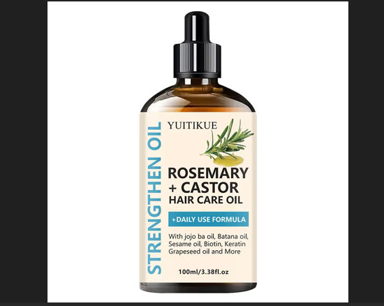 YUITIKUE Rosemary plus Castor Strengthening Hair Care Oil in a clear 100ml bottle with a dropper cap, labeled with jojoba, batana, biotin, keratin — daily use formula for stronger, growing hair