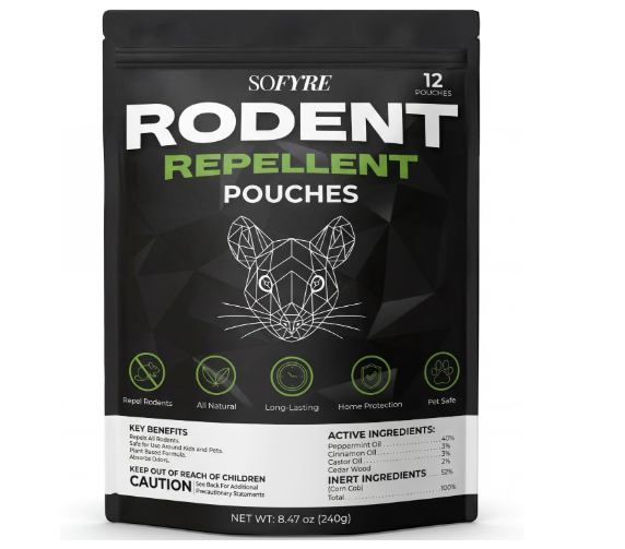 Review of SoFyre Rodent Repellent Pouches, a 12-pack scent-based deterrent featuring peppermint, cinnamon, and cedarwood. The product is marketed for use in homes, garages, cars, RVs, basements, and other suitable areas where rodents may appear.