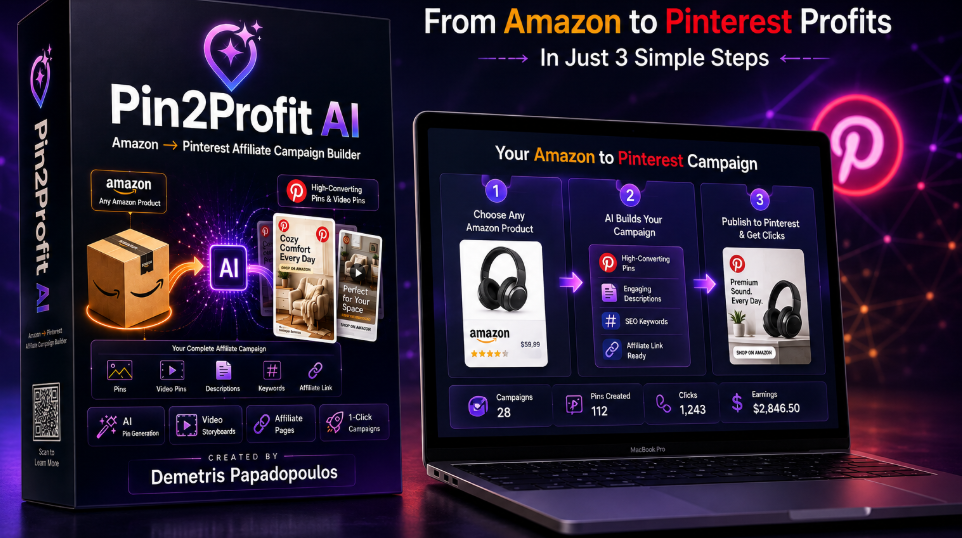 Screenshot of the Pin2Profit AI software dashboard displaying campaign statistics, created pins, video projects, affiliate page links, and performance metrics for Pinterest and Amazon affiliate marketing.