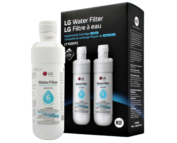 Photograph of the LG LT1000P2 genuine OEM refrigerator water filter twin-pack. Two white cylindrical cartridges displaying the LG logo sit next to their retail box. The filter is shown installed in an LG refrigerator compartment, illustrating the simple twist-and-lock design. Text on packaging indicates NSF 42, 53, and 401 certification, a 6-month or 200-gallon lifespan, and part number ADQ74793501.