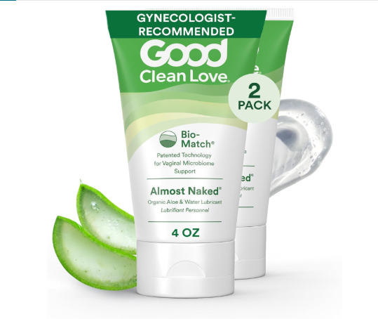 Good Clean Love Almost Naked personal lubricant 2-pack, 4-ounce tubes, organic aloe vera leaves, Bio-Match technology label, gynecologist recommended
