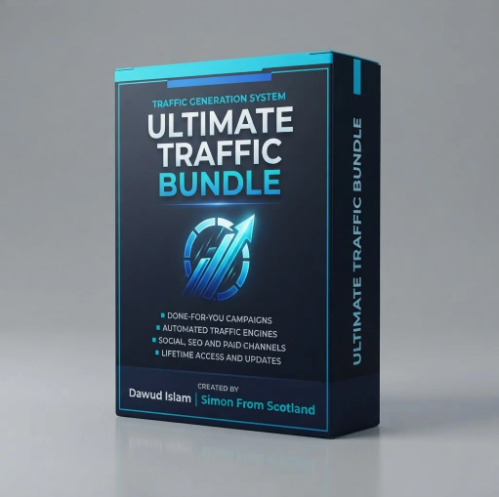 Product box for Ultimate Traffic Bundle — a dark blue and teal traffic generation system package showing a rising arrow graphic, labeled with 5 traffic rotators, done-for-you campaigns, lifetime access, and created by Dawud Islam and Simon From Scotland

