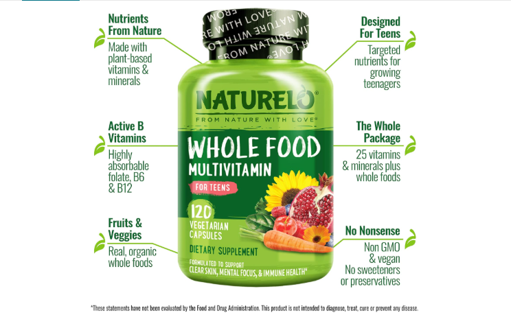 NATURELO Whole Food Multivitamin for Teens bottle with 120 vegetarian capsules
