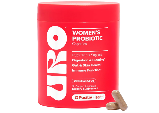 URO Women’s Probiotic supplement bottle featuring 20 billion CFUs per serving, designed to support vaginal, gut, and skin health with a 30-day supply.

