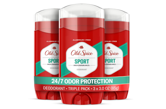 Three 3.0-ounce Old Spice Sport scent aluminum-free deodorant sticks displayed together, representing a review of their odor protection, fragrance, and three-pack value.