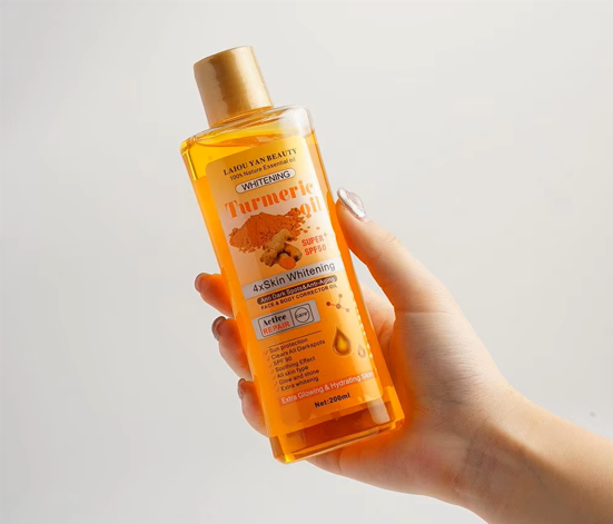 200ml Turmeric Essential Oil for face and body moisturizing, hydrating, and smoothing skincare, available on AliExpress.
