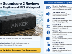 Anker Soundcore 2 Portable Bluetooth Speaker featuring 24-hour playtime, IPX7 waterproof protection, 12W stereo sound, and BassUp technology.