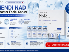 Vita NAD+ skin booster black and gold packaging with serum vials displayed beside a woman in a luxury skincare setting.