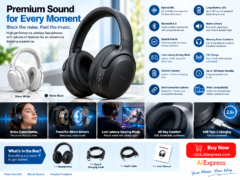 "BT068NC Headphones — black over-ear wireless noise-cancelling headphones showing adjustable headband, soft ear cushions, and compact folded design"
