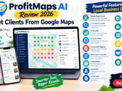 ProfitMaps AI dashboard showing Google Maps visibility scan with green, yellow, and red location markers