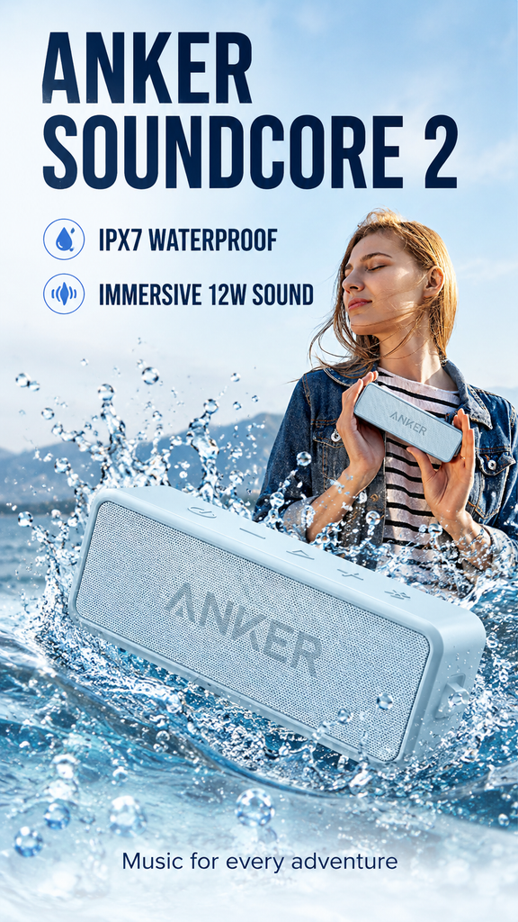 Anker Soundcore 2 Portable Bluetooth Speaker featuring up to 24 hours of playtime, 12W stereo sound, BassUp technology, Bluetooth connectivity, and IPX7 waterproof protection for everyday listening and outdoor activities.